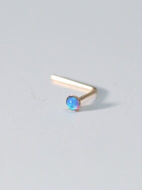 9kt Gold Ocean blue opal Nose Piercing L shaped with tiny 9k mark New